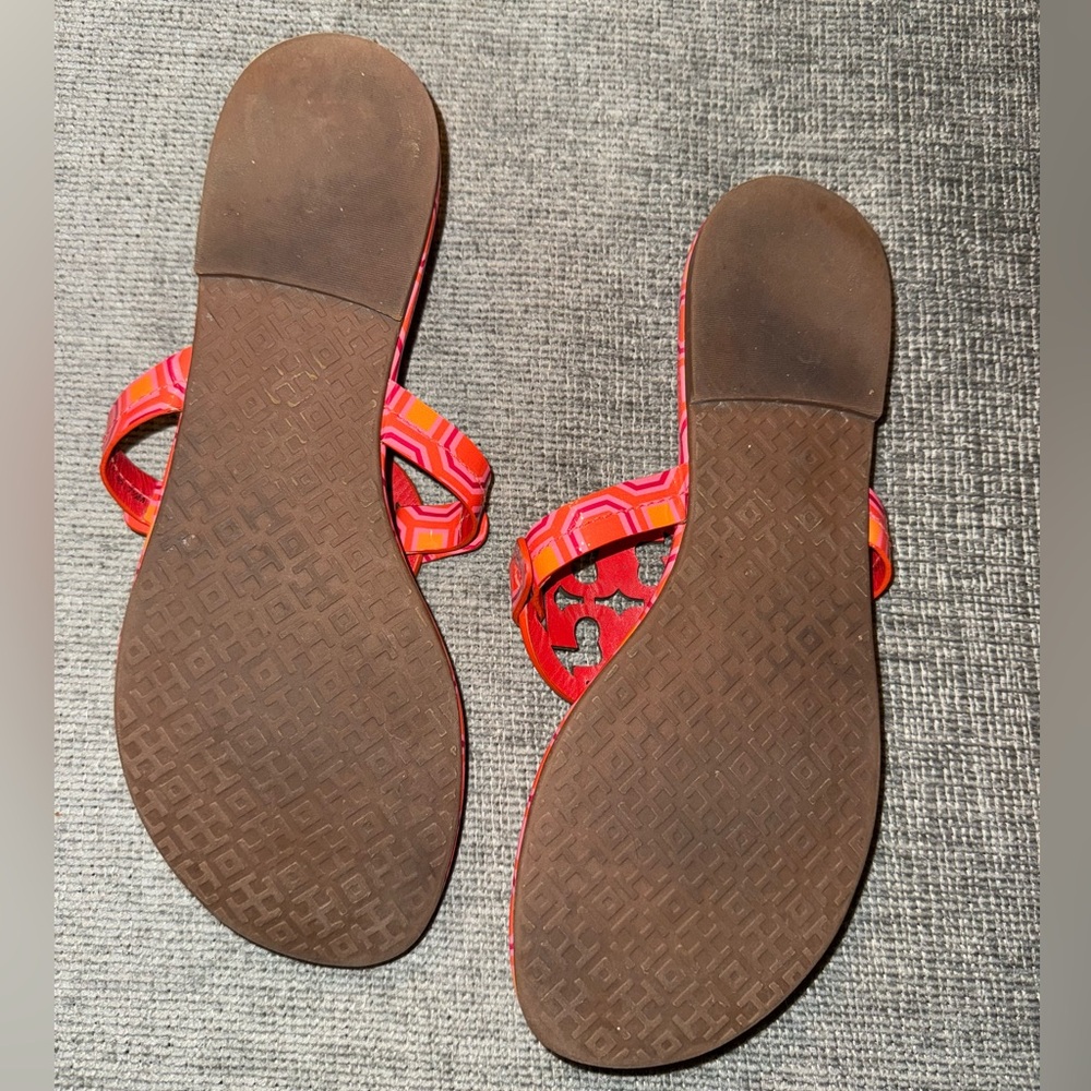Tory Burch Miller Sandals Flip Flop Orange Coral Pink Octagon Patent Leather - Picture 10 of 10